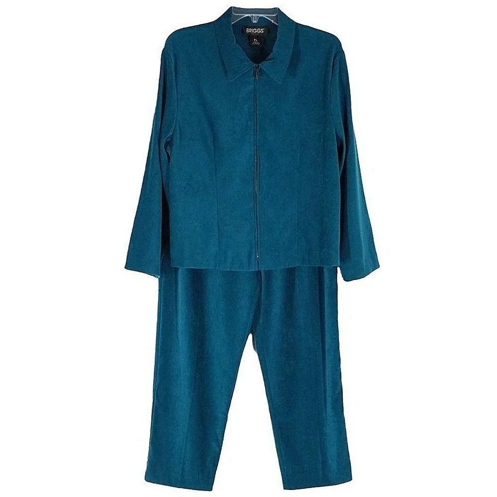Briggs Pant Suit Womens PL Teal Blue Faux Suede Zip Jacket Straight Leg 2 Piece